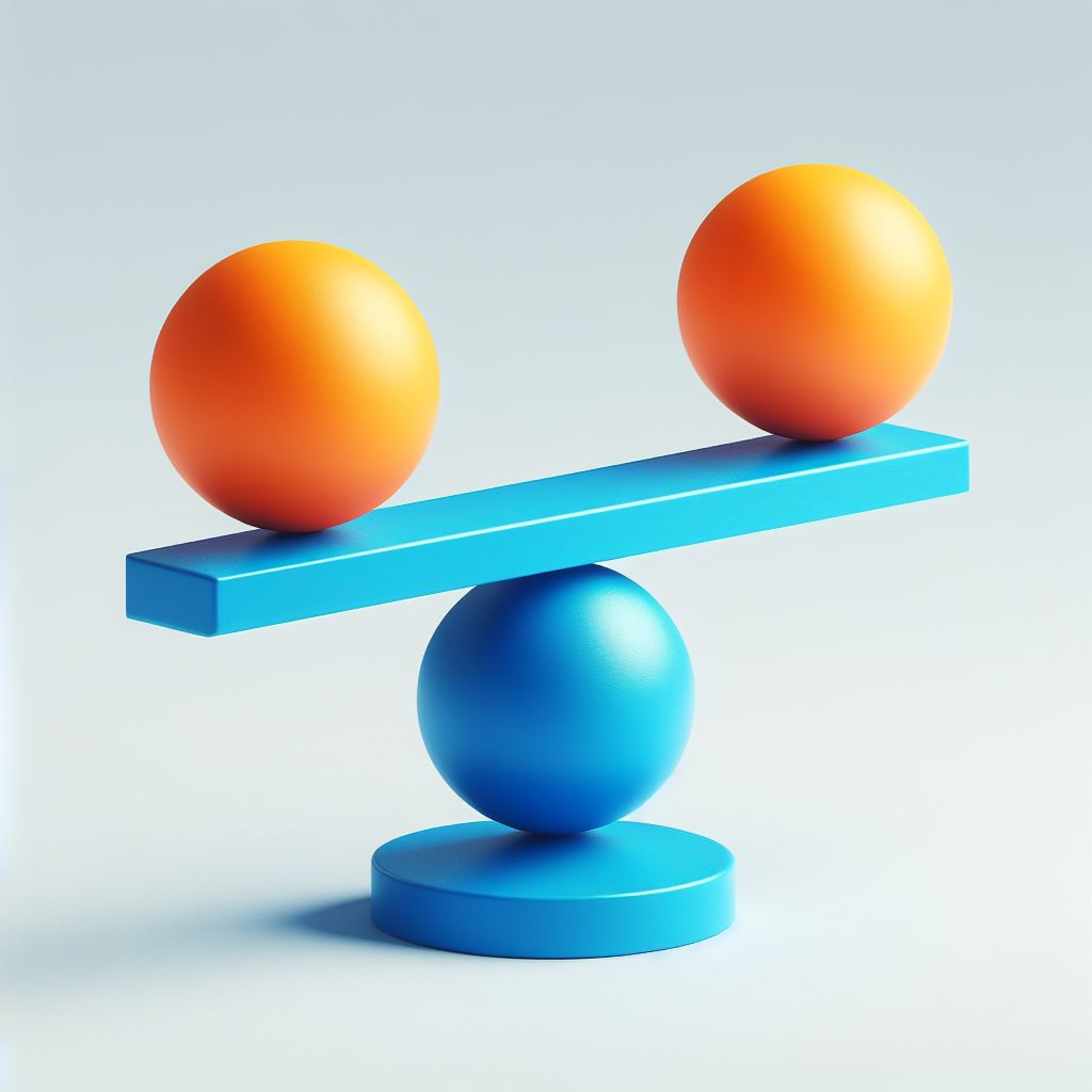 2 orange balls balancing on a blue fulcrum