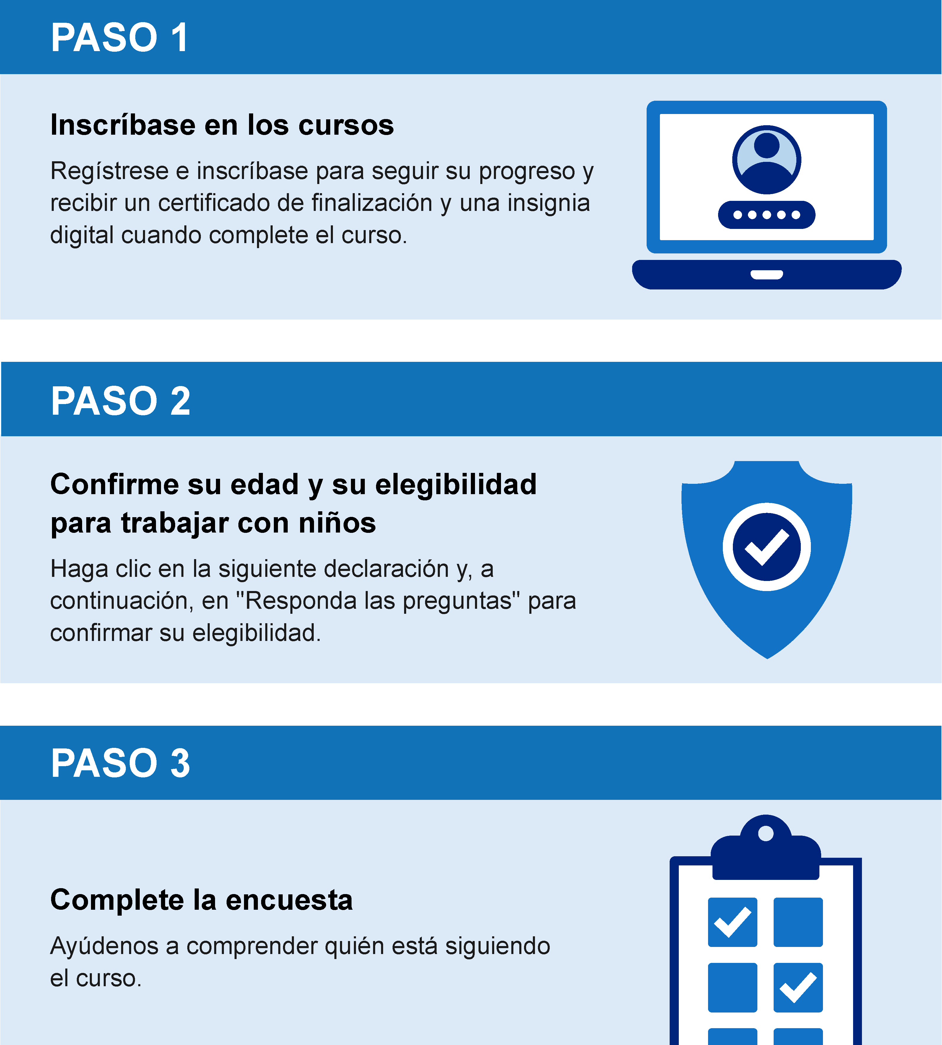 Step 1. Enrol for the courses. Step 2. Confirm age and eligibility to work with children. Step 3. Complete the survey.