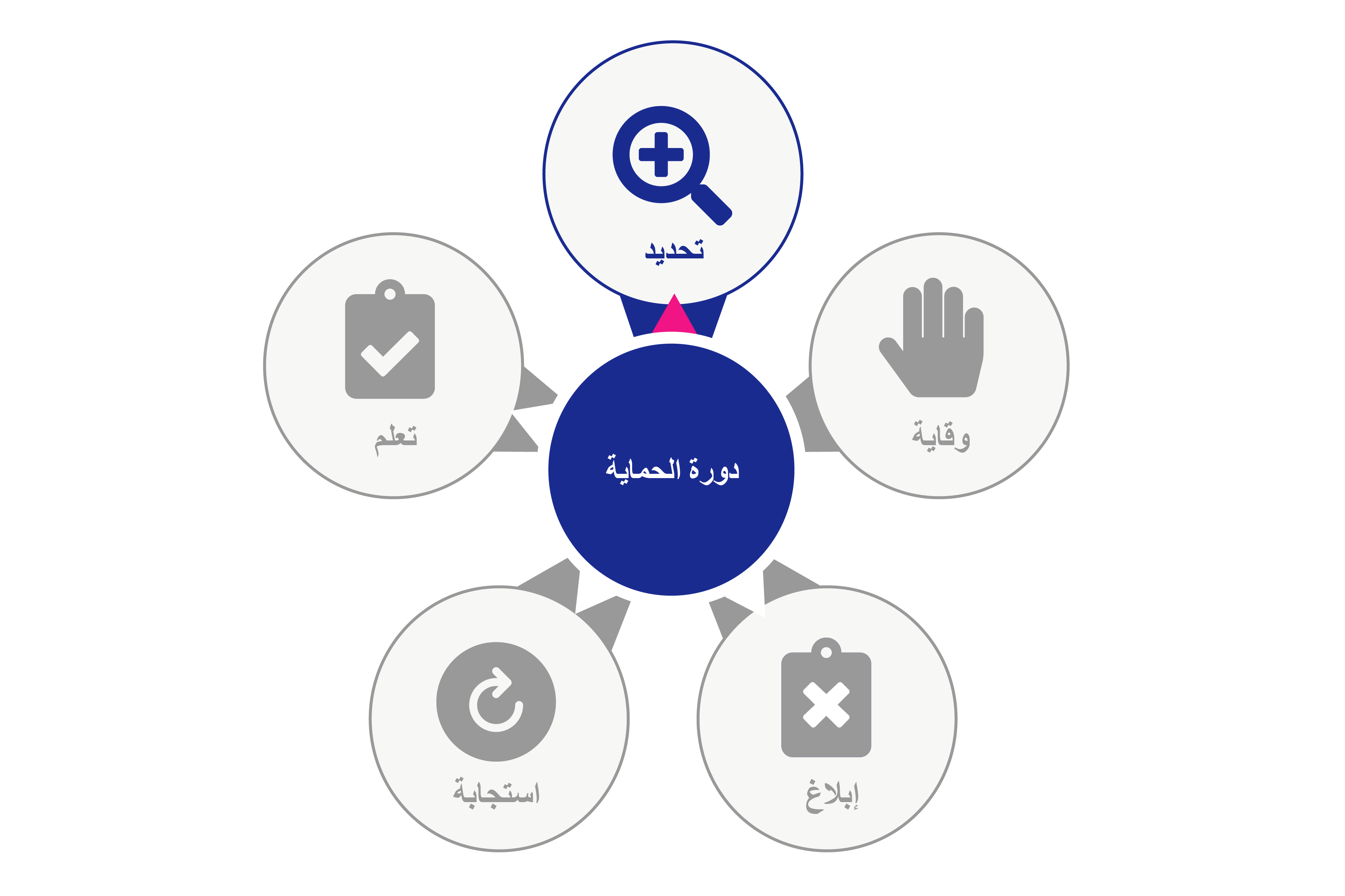 رسم تخطيطي لدائرة مركزية مكتوب فيها دورة الحماية. حولها خمس دوائر في مدار. تقول الدائرة 1 تحديد