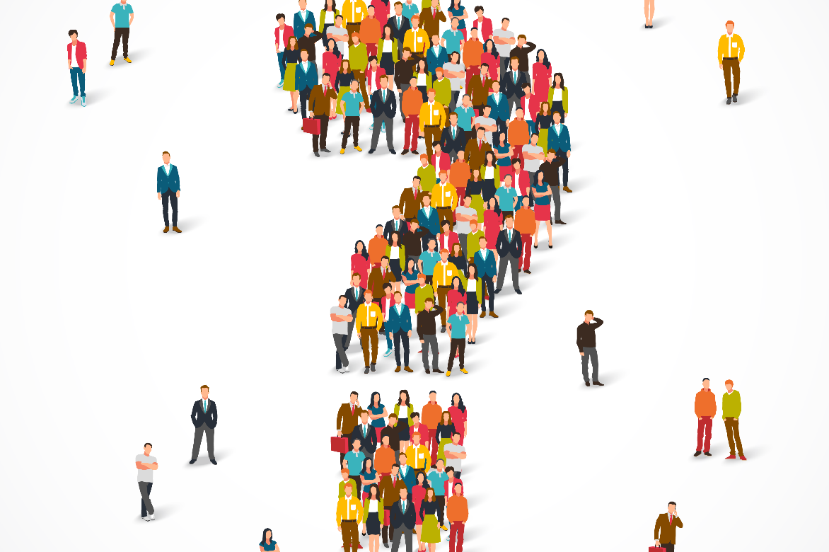 أشخاص كرتونيين يقفون معًا لتشكيل علامة استفهام.