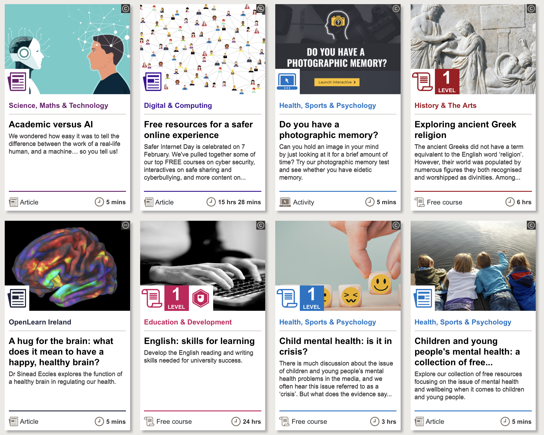 A screenshot of the home page of the OpenLearn website showing some of the courses available.
