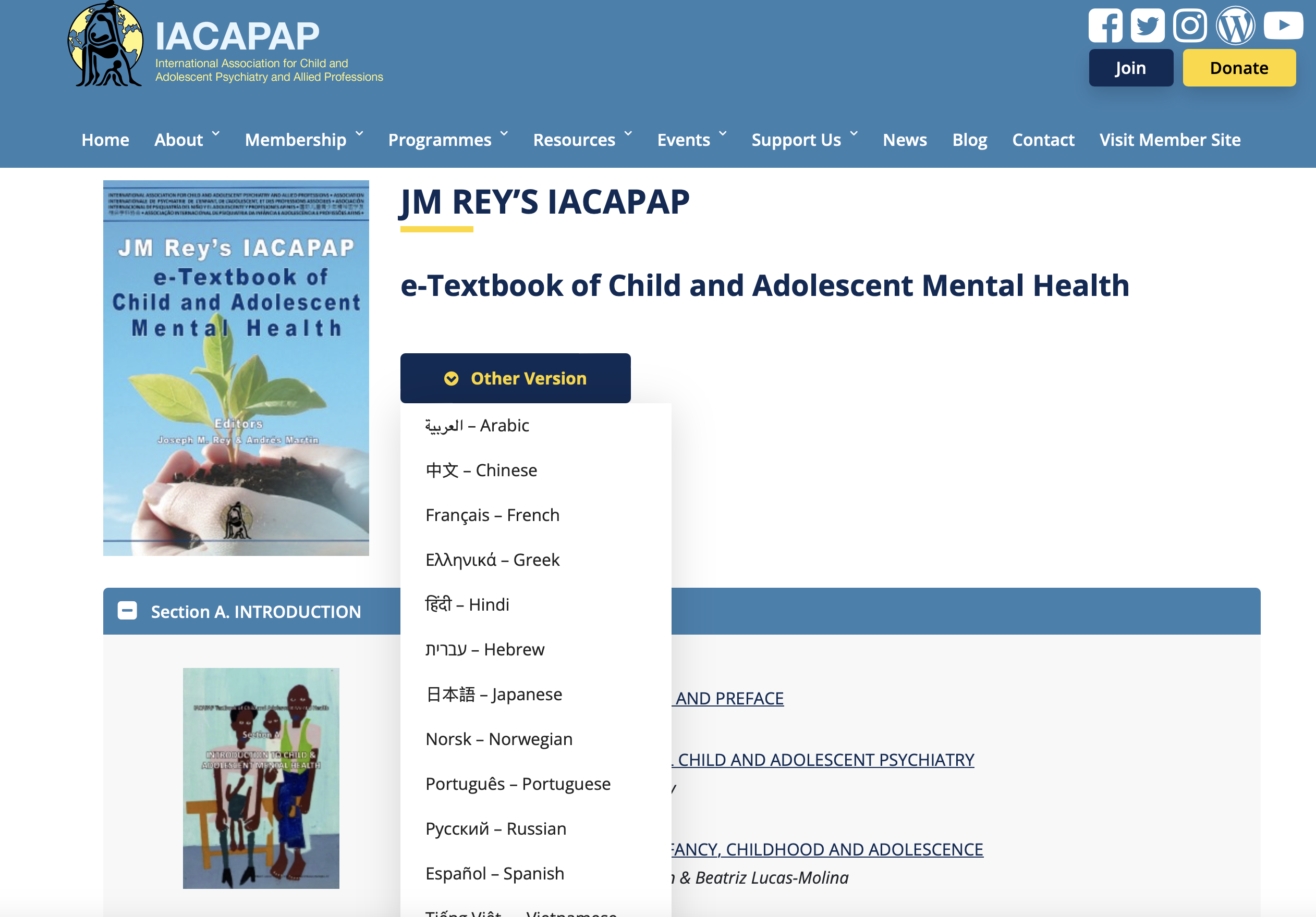Screenshot of the IACAPAP website home page, showing a drop-down list of languages.