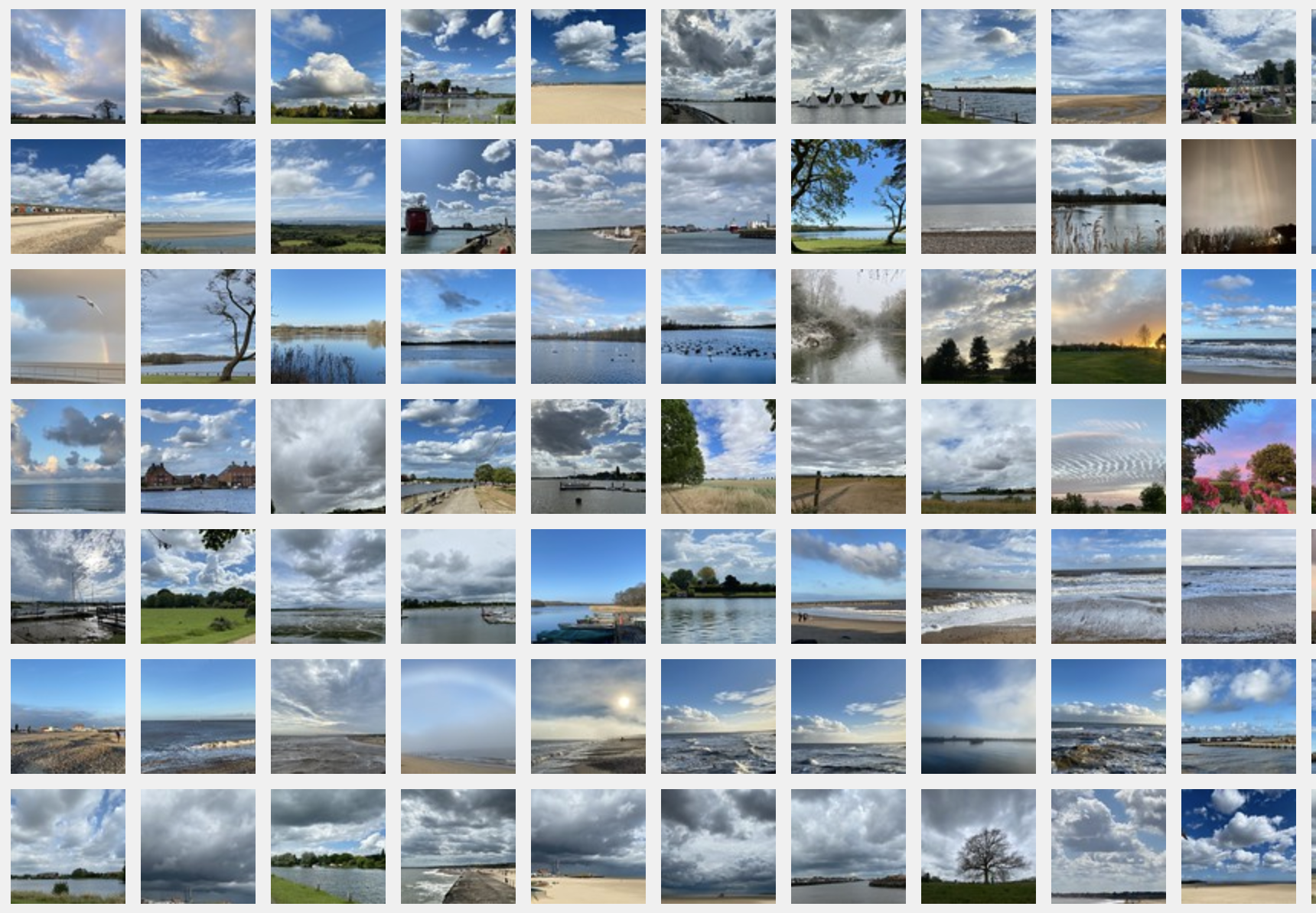 Collage of small photographs all featuring skies.