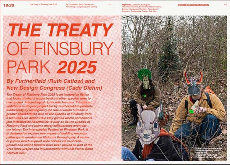 the image shows a flyer for the Treaty of Finsbury park with three people sitting in Finsbury Park wearing animal masks