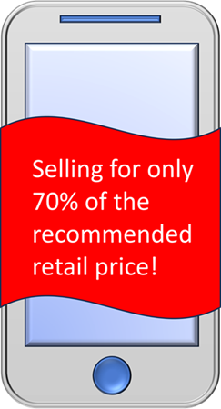 Mobile phone with banner reading: We are selling for only 75% of recommended retail price!