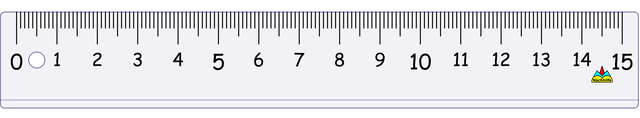 A ruler showing 15 centimetres, each divided into 10 millimetres
