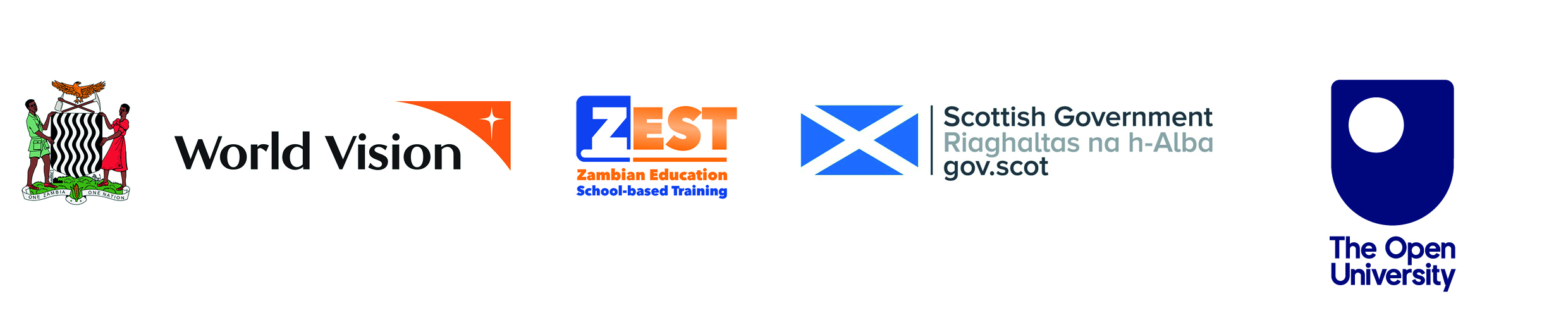 4 logos from left to right, Ministry of Education Zambia, World Vision, Scottish Government and The Open University