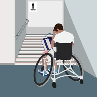 Un paraatleta en silla de ruedas. Lleva una bolsa de deporte y una raqueta en el regazo. Se encuentra ante unas escaleras sin acceso al vestuario situado al final de las mismas.