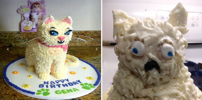 The image has two panels each of which shows a cake in the shape of a cat. The cat cake in the left panel has a solid shape, and the cat has a well defined face with blue eyes, a pink nose and an upturned mouth. The icing has been shaped to resemble fur. The cat cake on the right shows less technical skill. The two eyes are looking in opposite directions, there is no nose, and the mouth is downturned. The cake looks like it has melted and the overall appearance is scary rather than cute.