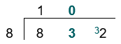 0 cannot be divided by 8, so write 0 above the line and add 30, 2 the next digit, making 32.