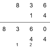 4 is written in the tens position and 1 has been carried over, and noted in the column to the left