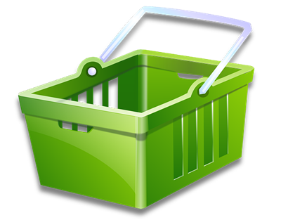 A green plastic shopping basket, empty and ready for purchases.