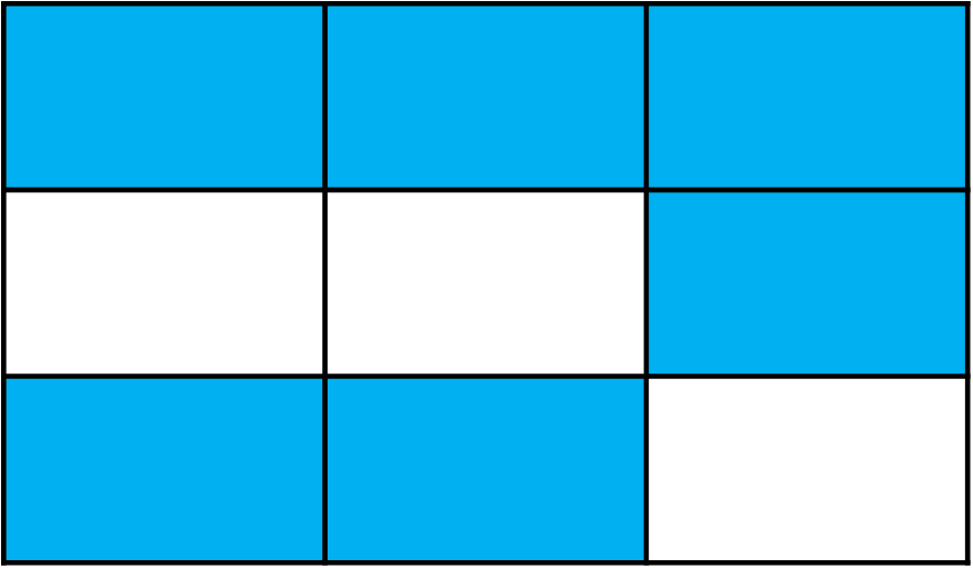 A rectangle divided into 9 equal portions, six of which have been shaded
