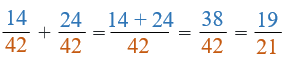 14/42 plus 24/42 is the same as 14+24/42 which equals 38/42 and simplified to 19/21