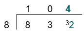 32 divided by 8 is 4, so write 4 above the line.