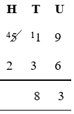 1 is taken from 5 to leave 4 and ten is added to 1 to make 11. 8 is placed below the line in the tens column.