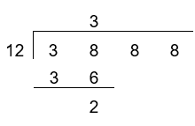 3 is placed above the line and 36 below 38. Subtracting 36 from 38 leaves 2.
