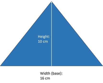 A triangle with measurements noted as 16 cm along the base and height of 10 cm