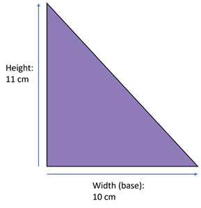 A right angled triangle with height noted as 11 cm and width as 10 cm