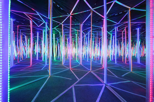 The image shows a mirror maze with illuminated connections.