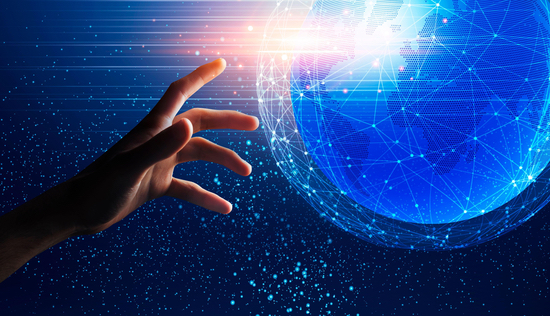 The image shows a globe surrounded by an interconnected network, which a hand reaches out to engage with.