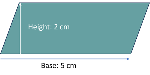 A parallelogram marked with height of 2 cm and base of 5 cm.