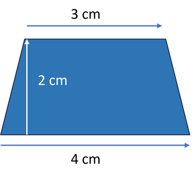 A trapezium marked with base 4 cm, 3 cm along the top and height 2cm.
