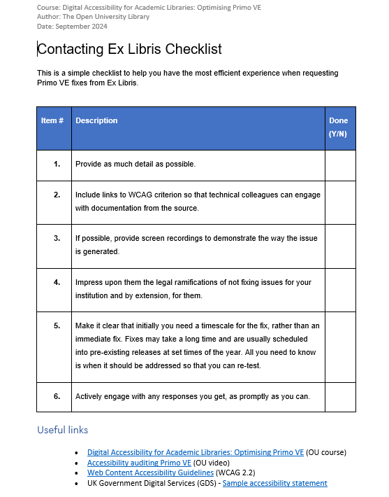 A screenshot of the OU Ex Libris checklist