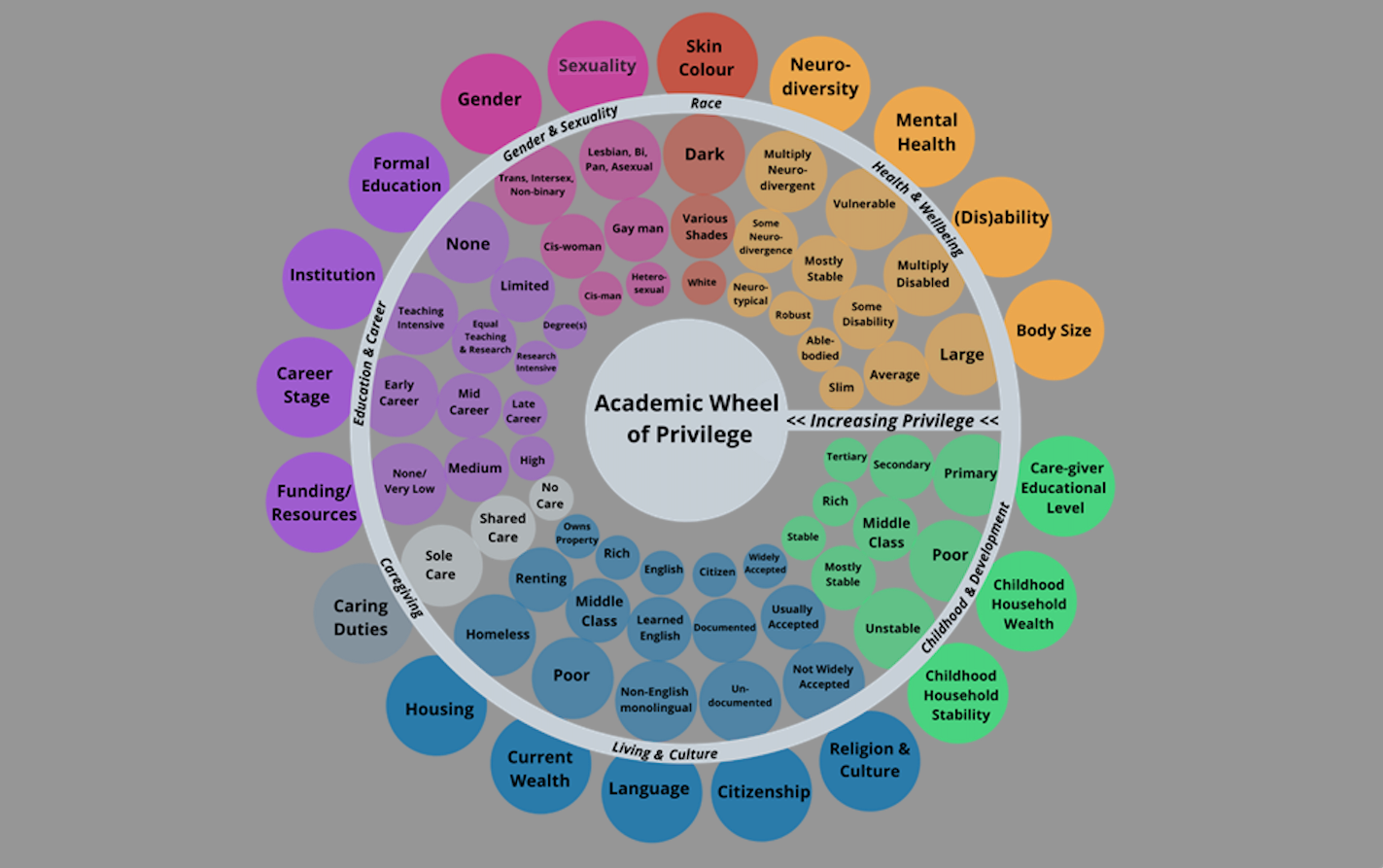 The image shows a wheel of privilege, with the greatest amount of academic privilege in the centre and marginalisation around the edge. The spokes of the wheel include various aspects of a person’s identity including skin colour, body size, gender, caring duties, housing, qualifications, career stage, wealth and language. Academic privilege increases the further towards the centre you go.