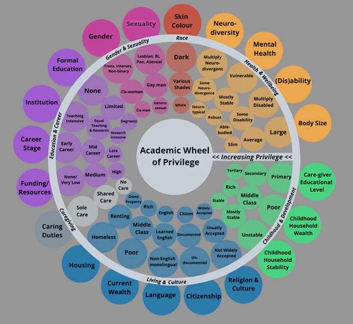 The image shows a wheel of privilege, with the greatest amount of academic privilege in the centre and marginalisation around the edge. The spokes of the wheel include various aspects of a person’s identity including skin colour, body size, gender, caring duties, housing, qualifications, career stage, wealth and language. Academic privilege increases the further towards the centre you go.