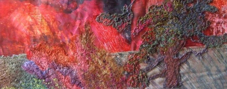 Section of a textile collage of a landscape