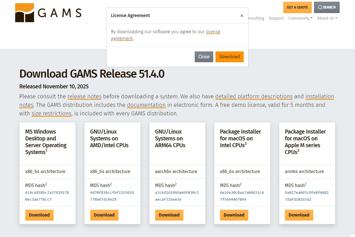 The splashpage for GAMS downloads with selections for different computer systems.