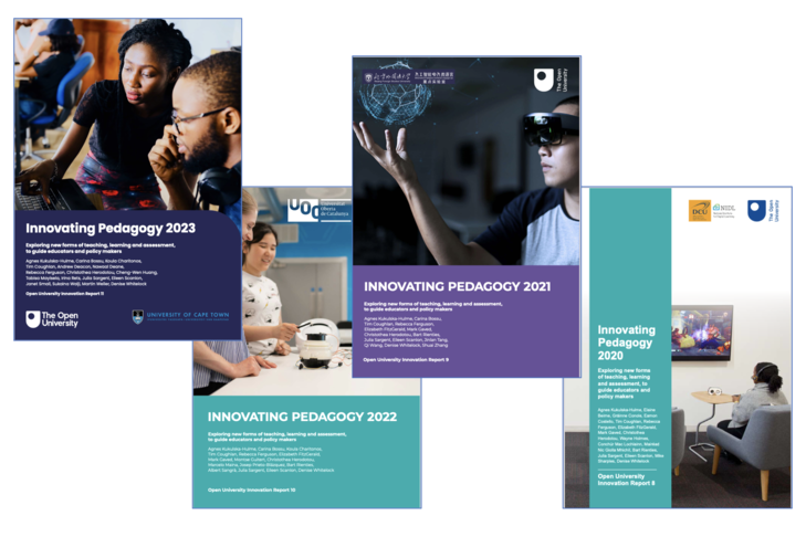 A composite image of the covers of the Innovating Pedagogy reports from 2020 to 2023, slightly overlapping one another.
