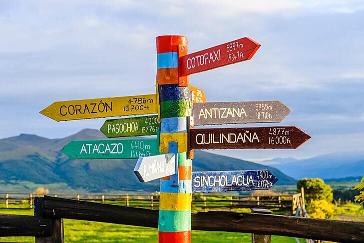 1.2	A brightly painted wooden fingerpost giving names & directions of nine Andean mountains, with height in metres and feet. 