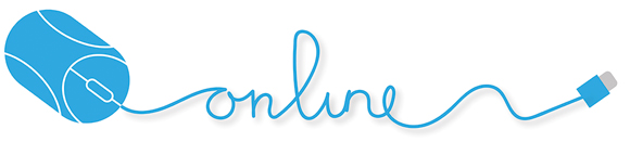 A cartoon of a USB mouse with the cable twisted and looped to make the word ‘online’.