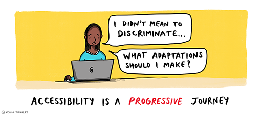 A woman's cartoon on a laptop with 2 speech bubbles:‘I didn’t mean to discriminate’ & 'what adaptations should I make'