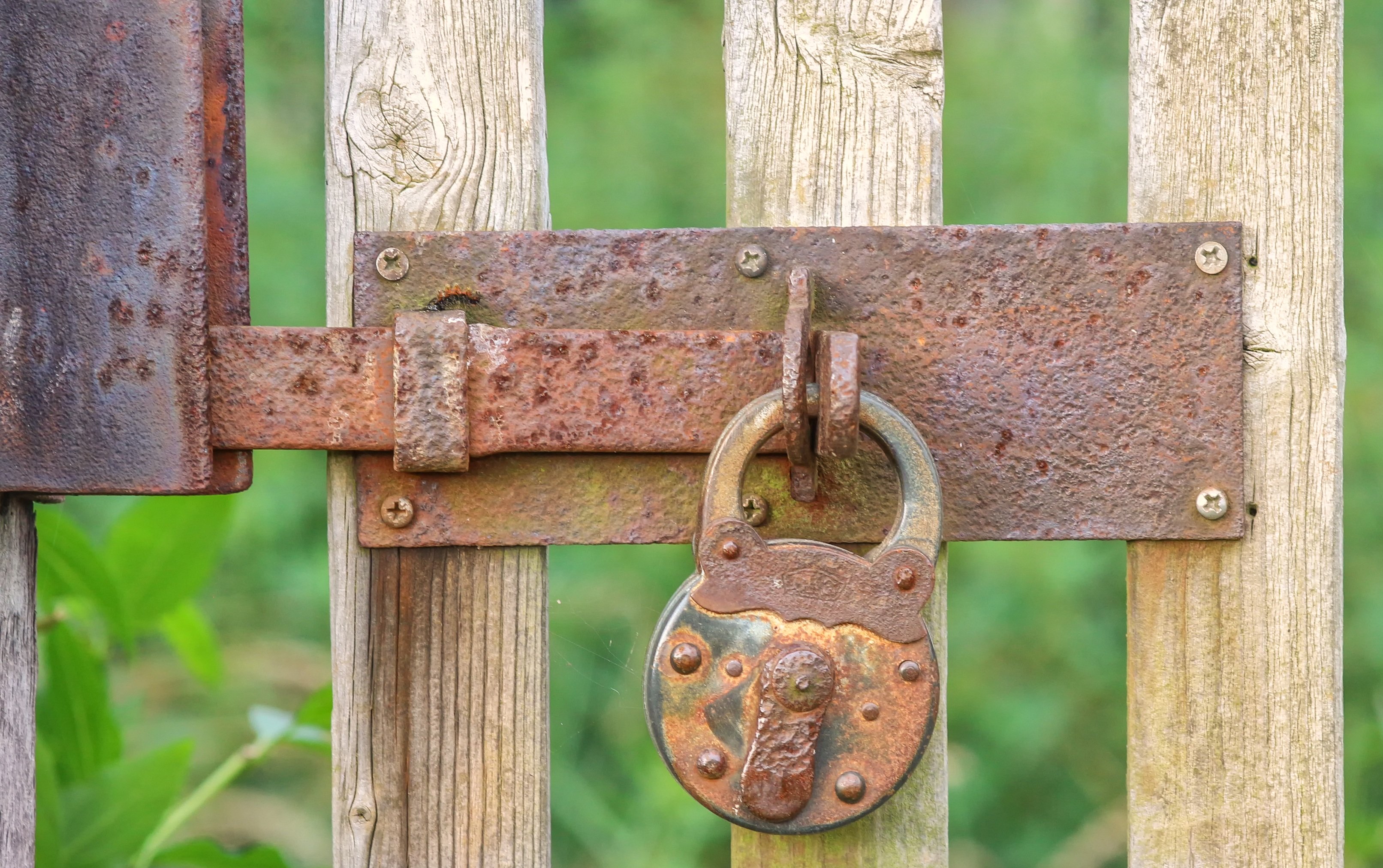 A photo of a pair of shabby turquoise gates, chained together and secured with two padlocks.