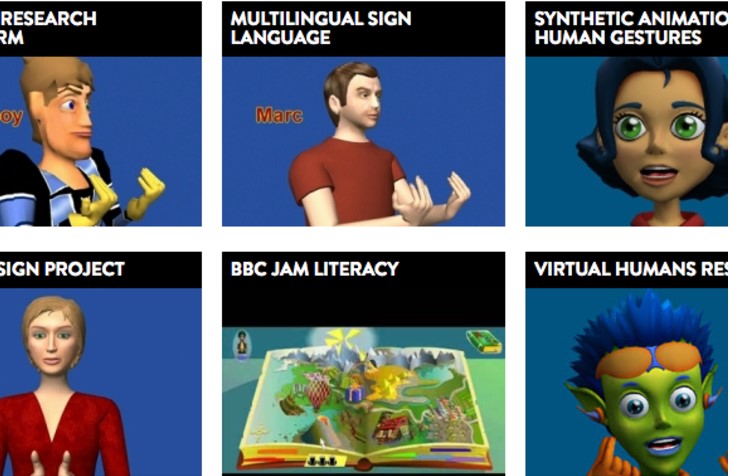 Cartoon panels demonstrating 'multilingual sign language', 'synthetic animations of human gestures' and similar.