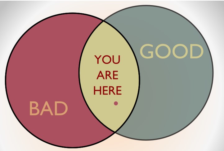 A Venn diagram where a circle labelled 'Good' overlaps one labelled 'Bad'. The overlap is labelled 'You are here'.