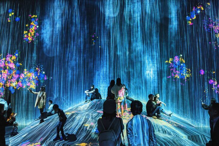An immersive artwork - people stand in a large room with rain, flowers & flowing water projected onto walls, floor & people.