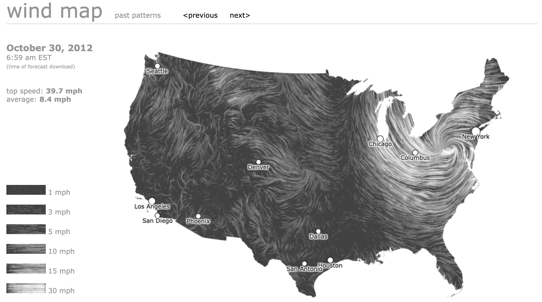Snapshot of Hurricane Sandy, 30 October 2012, from the wind map project
