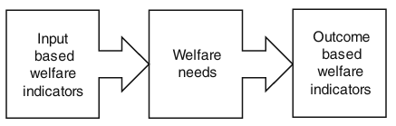 Flow diagram with three cells linked by arrows starting with input based WIs then welfare needs then outcome indicators