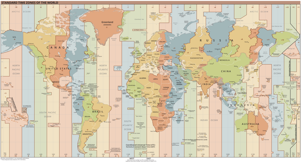 A map of the world divided by meridians into 24 time zones.