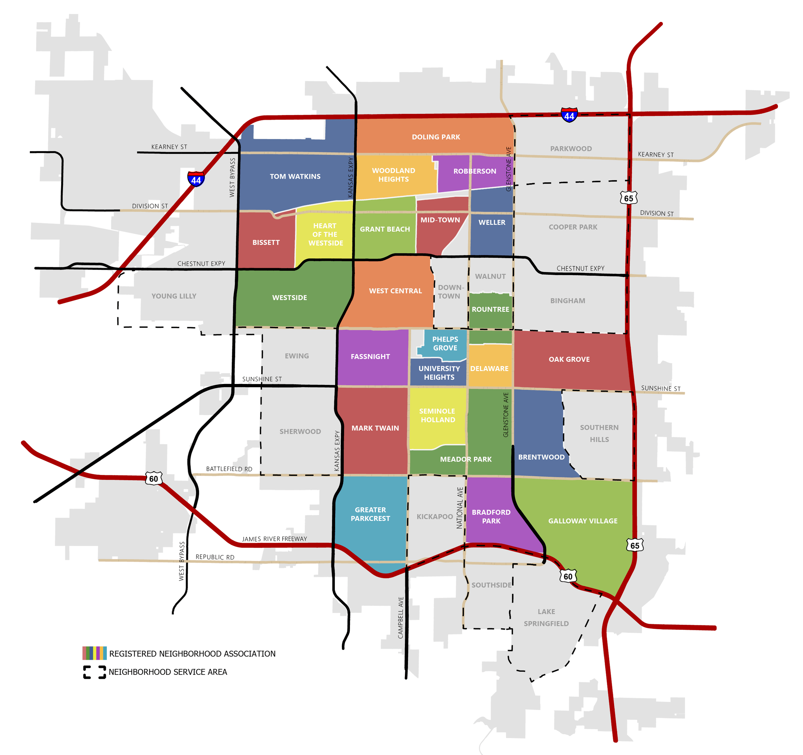 Map of Springfield, MO, divided up into service areas and registered neighborhoods