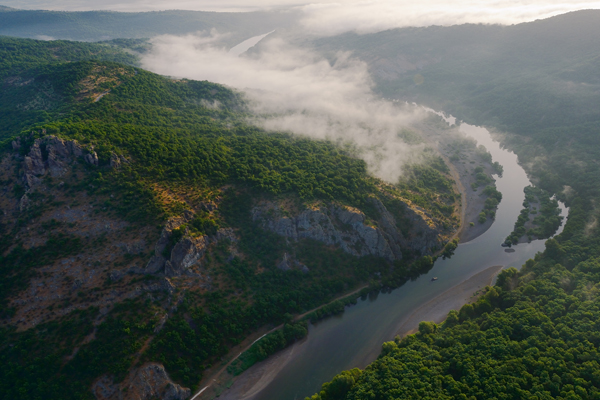 An aerial view over the Arda river canyon in Bulgaria.