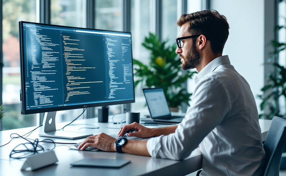 A photo of a cybersecurity professional coding by a computer in an office.