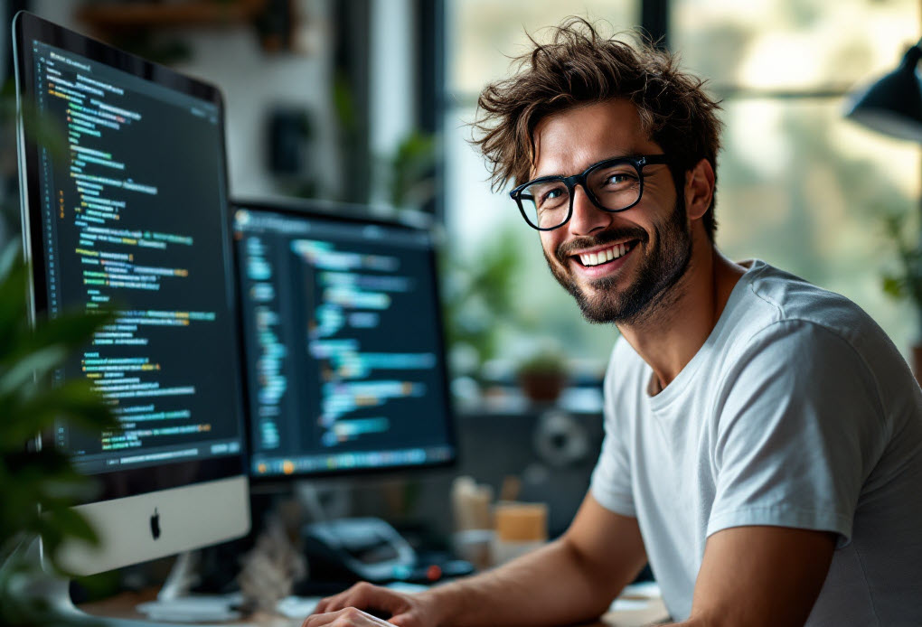 A coder sits by a computer, illustrating a successsful cybersecurity computer security career, job, or business.