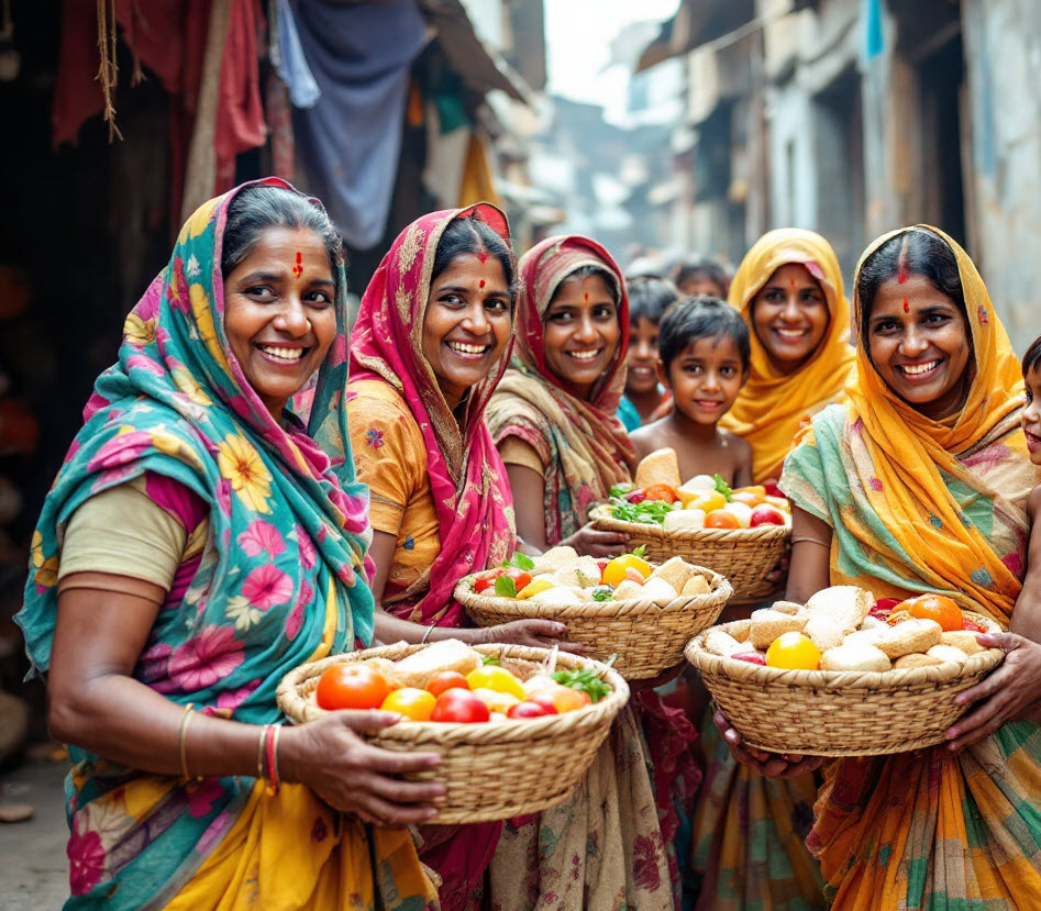 Indian woman in a slum receive food