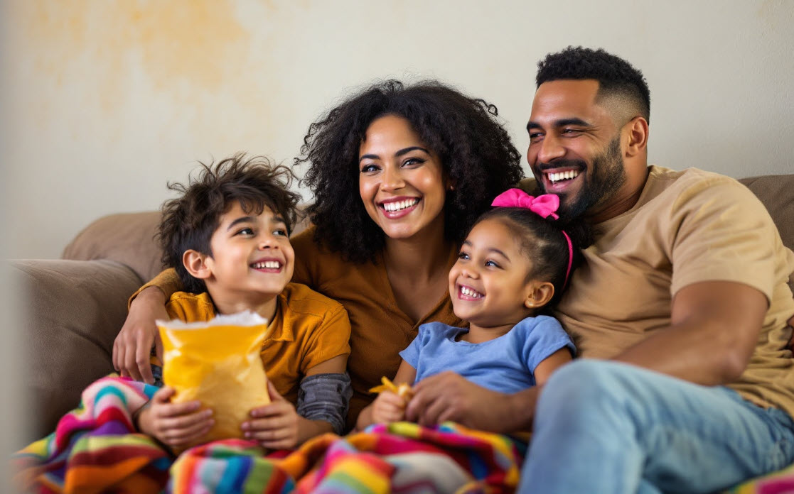 A happy family sits on a couch. Instead of paying cybercriminals and cyber hackers, people could enjoy UBI.