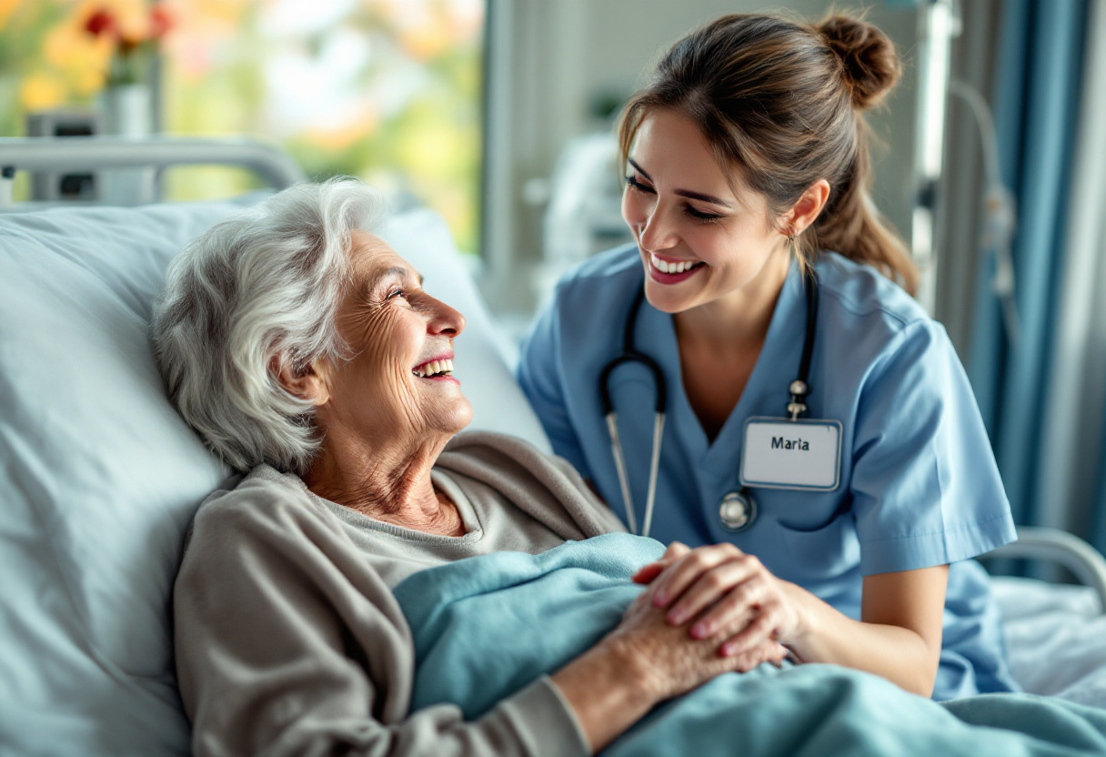 A nurse holds an old woman's hand in a hospital bed.